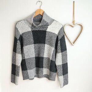 DKNY Womens Turtleneck Plaid Sweater Pull Over SMALL Black White Metallic